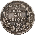 Zabór rosyjski, Mikołaj I, 20 kopiejek = 40 groszy 1850 MW, Warszawa - bez jagód przy podwójnej wstążce