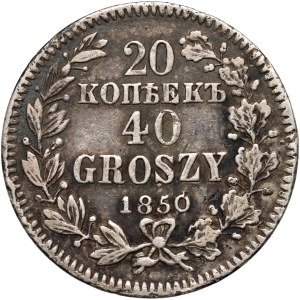 Partage russe, Nicolas Ier, 20 kopecks = 40 grosze 1850 MW, Varsovie - sans les baies du double ruban