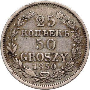 Partition russe, Nicolas Ier, 25 kopecks = 50 grosze 1850 MW, Varsovie - variété avec une large queue d'aigle