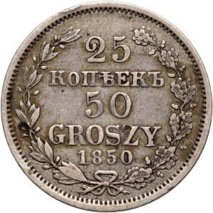 Zabór rosyjski, Mikołaj I, 25 kopiejek = 50 groszy 1850 MW, Warszawa - odmiana z szerokim ogonem orła