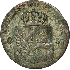 Listopadové povstání, 10. groš 1831 KG, Varšava - orlí nohy pokrčené, úzká koruna, dvě malé ratolesti nad věncem vázání