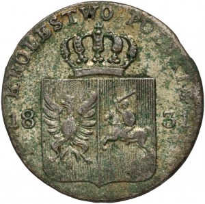 Listopadové povstání, 10. groš 1831 KG, Varšava - orlí nohy pokrčené, úzká koruna, dvě malé ratolesti nad věncem vázání