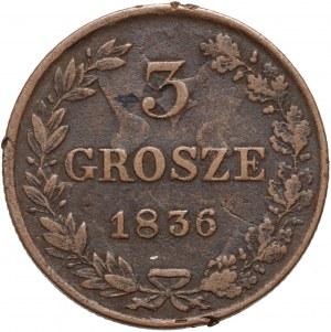 Partage russe, Nicolas Ier, 3 pennies 1836 MW, Varsovie