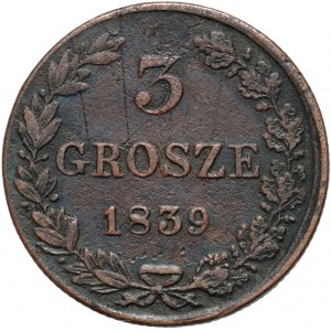 Ruské dělení, Mikuláš I., 3 groše 1839 MW, Varšava - vějířovitý orlí ocas