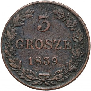 Partizione russa, Nicola I, 3 penny 1839 MW, Varsavia - coda d'aquila a ventaglio