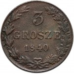 Russian partition, Nicholas I, 3 grosze 1840 MW, Warsaw