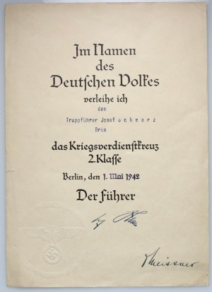 Germany, Third Reich, document awarding the Cross of War Merit Second Class, 1942