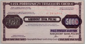 Cestovní šek NBP na 5000 zlotých, Praha, 1990