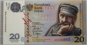 III RP, 20 Zloty 2018, 100. Jahrestag der Wiedererlangung der Unabhängigkeit, Józef Piłsudski, RP-Serie, niedrige Nummer - RP0000865