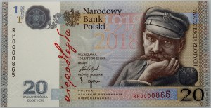 III RP, 20 zloty 2018, 100th Anniversary of Regaining Independence, Jozef Pilsudski, RP series, low number - RP0000865