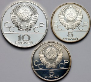Rusko, ZSSR, 10 a 5 rubľov Olympijské hry Moskva 1980 - sada 3 kusov