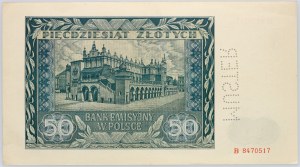 Gouvernement général, 50 zloty 1.08.1941, série B, perforation MUSTER