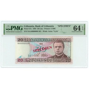Lithuania 20 Litu 1993 Specimen PMG 64 EPQ Gem UNC