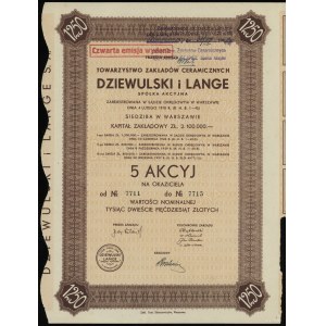 Polska, 5 akcji po 250 złotych = 1.250 złotych, 1937, Warszawa