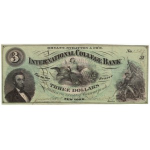 USA, 3 Dollars, Bryant, Stratton & Co's International College Bank, New York, 1865