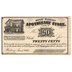 USA, 20 Cents 1863, Mount Pleasant Apothecary Store, Roxbury, Massachusetts