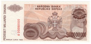 Bosnia and Herzegovina, 50 billion dinars 1993, series A 0000000