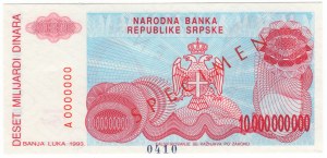 Bosnia and Herzegovina, 10 billion dinars 1993 - SPECIMEN 0401