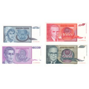 Yugoslavia, (5000, 1000, 500, 100) dinar 1992, AA series - set of 4 pieces