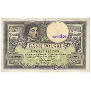 Pologne, 500 zloty 1919, série SA - avec un cachet d'oblitération - WERTLOS