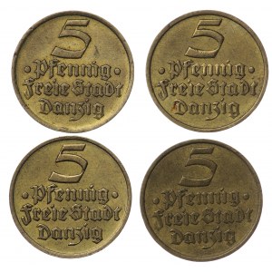 Gdańsk, 5 fenigów 1932 Flądra - zestaw 4 sztuk