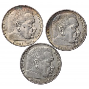 Niemcy, III Rzesza, 5 marek 1936, 1937, 1938 Hindenburg - zestaw 3 sztuk