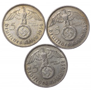 Niemcy, III Rzesza, 5 marek 1936, 1937, 1938 Hindenburg - zestaw 3 sztuk