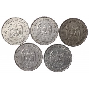 Germany, Third Reich, 5 marks 1934/1935, Potsdam Garrison Church - set of 5 pieces