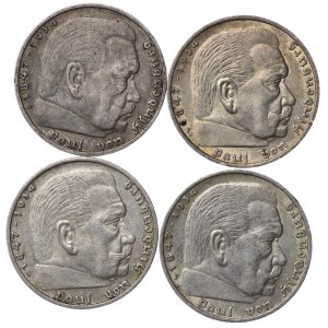 Niemcy, III Rzesza, 5 marek 2 x1935, 2 x 1936 Hindenburg - zestaw 4 sztuk