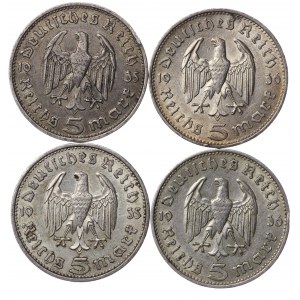 Niemcy, III Rzesza, 5 marek 2 x1935, 2 x 1936 Hindenburg - zestaw 4 sztuk