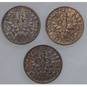 Poland, Second Republic, 2 pennies 1937, 1938 and 1939 - 3 pieces