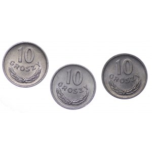 Polska, PRL, 10 groszy 1967, 1968, 1969 - zestaw 3 sztuk