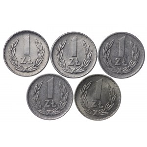 Polen, PRL, 1 Zloty 1965, 1966, 1967, 1968, 1969 - Satz von 5 Stück