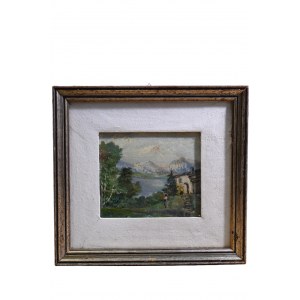 Dipinto olio su cartone raffigurante un paesaggio montano con casa e figure nei pressi di un lago