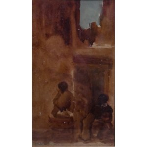 Luis Cordero, dipinto olio su pannello rigido raffigurante due figure sedute al interno di un rudere