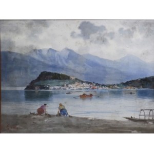 Dipinto olio su pannello, rigido raffigurante due lavandaie in riva a un lago