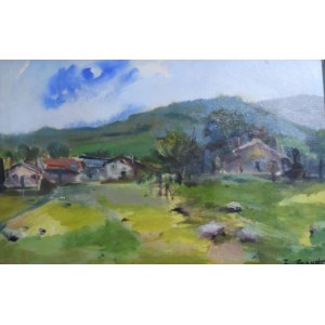Dipinto olio su faesite raffigurante paesaggio montano con case