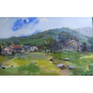 Oil painting on faesite depicting mountain landscape with houses