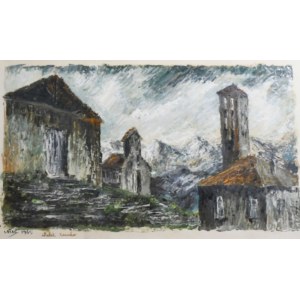 Mixed media on paper depicting a church, signed and dated 1965