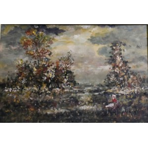 Dipinto olio su tela opera dipinta a macchia raffigurante figura immersa in un paesaggio