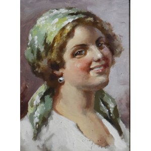 Mixed media painting on panel depicting young peasant girl