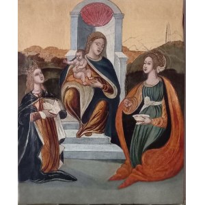 Antico dipinto olio su tavola del XVI Secolo raffigurante MADONNA IN TRONO CON BAMBINO E DUE SANTE MARTIRI