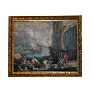 Dipinto olio su tela raffigurante paesaggio portuale con figure, epoca probabile inizi XIX sec, firmato in basso Van Dyjk