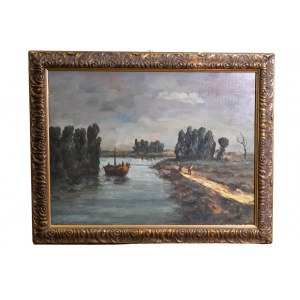 Dipinto olio su tela raffigurante paesaggio fluviale con figure fine XIX sec, bella cornice