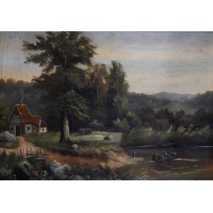 Dipinto olio su cartone raffigurante un paesaggio fluviale