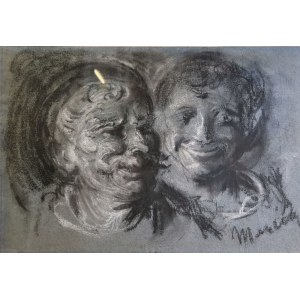 Mino Maccari (Siena, 24 novembre 1898 - Roma, 16 giugno 1989), disegno a carboncino raffigurante due teste d'uomo, su retro certificato scritto da Prof. Giorgio Mainella