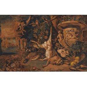 Jan Baptist Weenix, Fruit still life with game and hare hanging on a branch