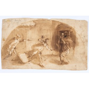 Giovanni Battista Draghi, Recto: Study of scene with four figures within lunette - Verso: Study of three figures walking up the ramp of a building