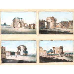 Artista attivo a Roma, XVIII - XIX secolo, a)Arch of Giano; b) Mausoleum of Cecilia Metella; c) Temple of Minerva Medica; d) Temple of Sibyl. Suite of four Views of Roman Monuments