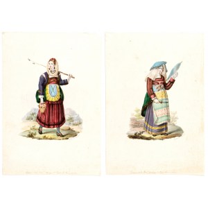 Artista italiano, XIX secolo, a) Woman in traditional Abruzzi dress with basket of mushrooms; b) Woman in traditional Abruzzi dress with rock and spindle. Pair of drawings
